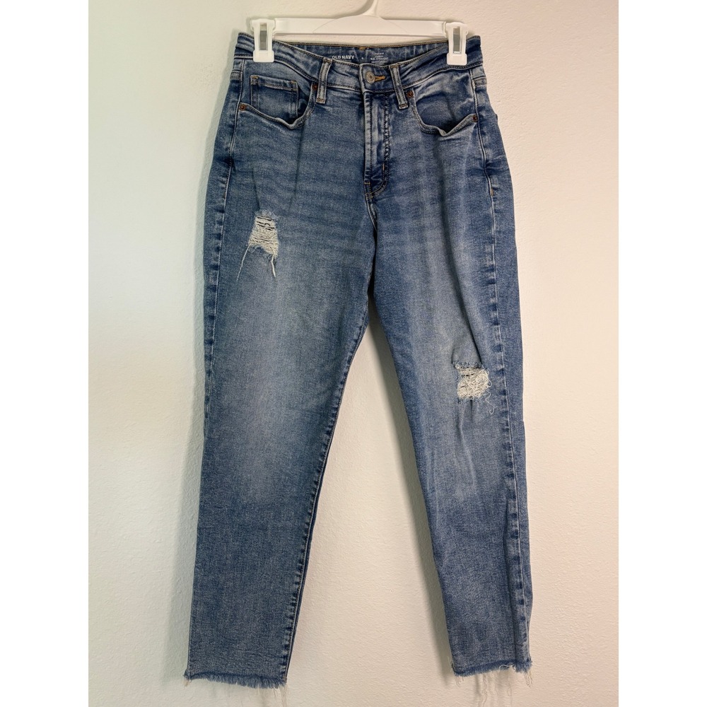Old Navy High Rise Curvy OG Straight Distressed Jeans Blue Size 6 Raw Hem